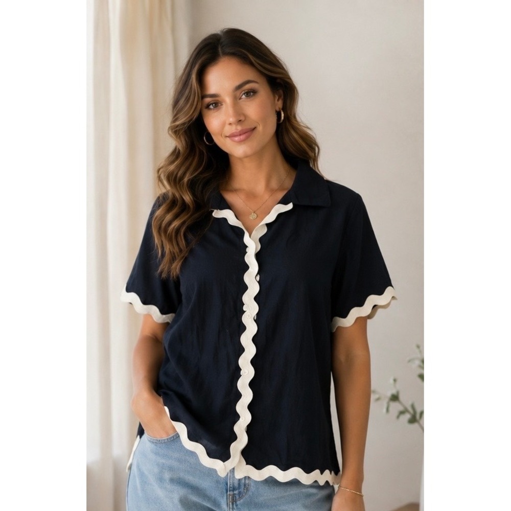 OAK Black Cotton Scalloped Ric-Rac Trim Short Sleeve Button Down Shirt XL